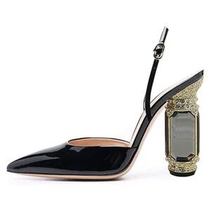 FSJ Black Patent Slingback Pumps with Gem-Embellished Gold Block Heel